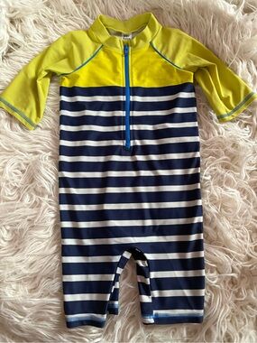Baby Boden Navy & White Stripe Long-Sleeve Zip-Up Swimsuit 12-18M